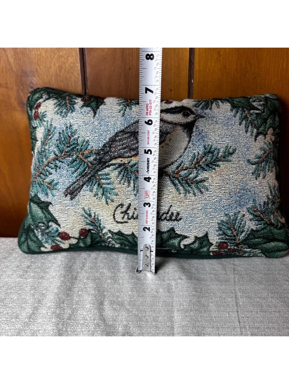 Vintage Chickadee Tapestry Pillow 8x12 Christmas Winter Bird Accent Pillow